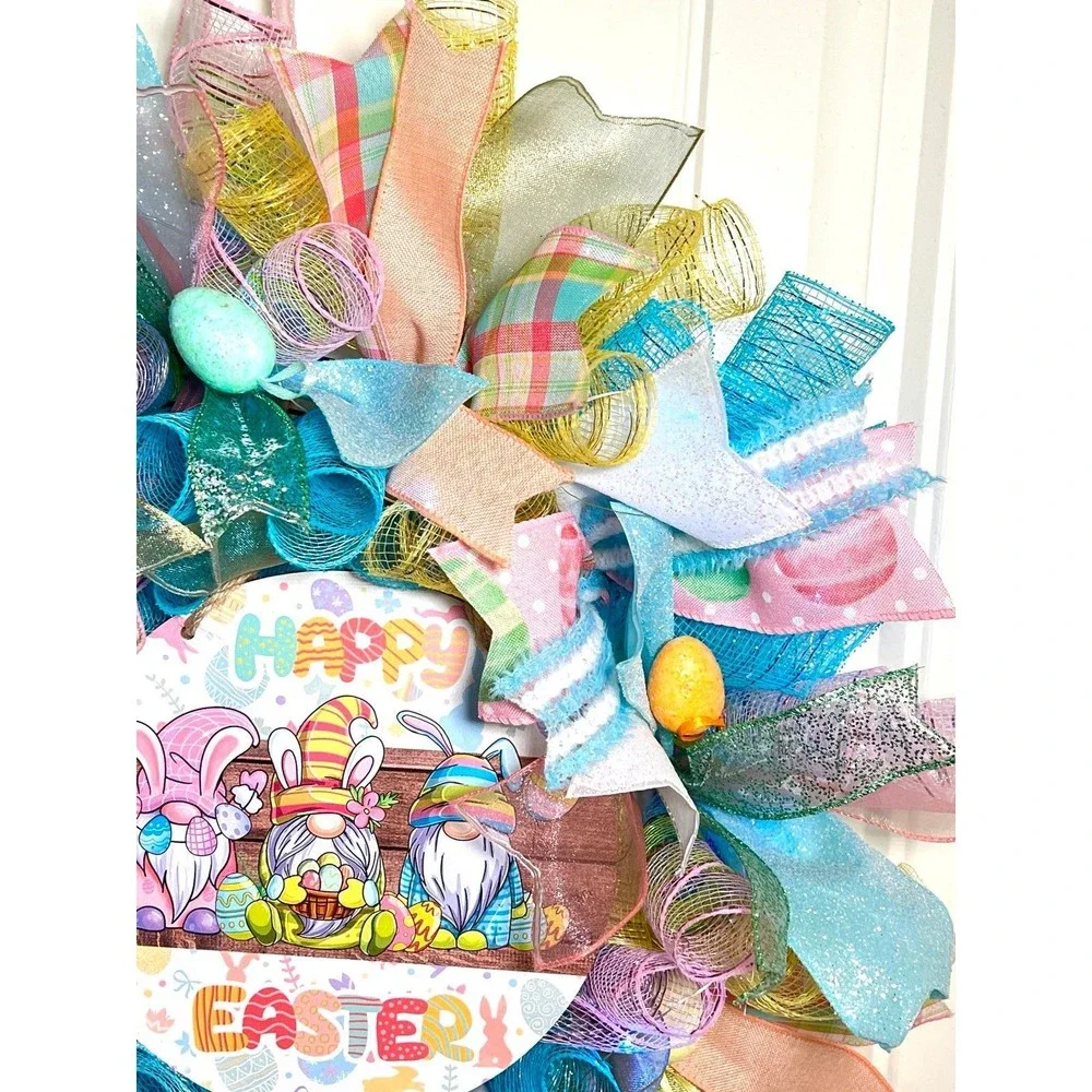 Handmade Easter Bunny Gnome Prelit Ribbon Wreath 22 in LED W10